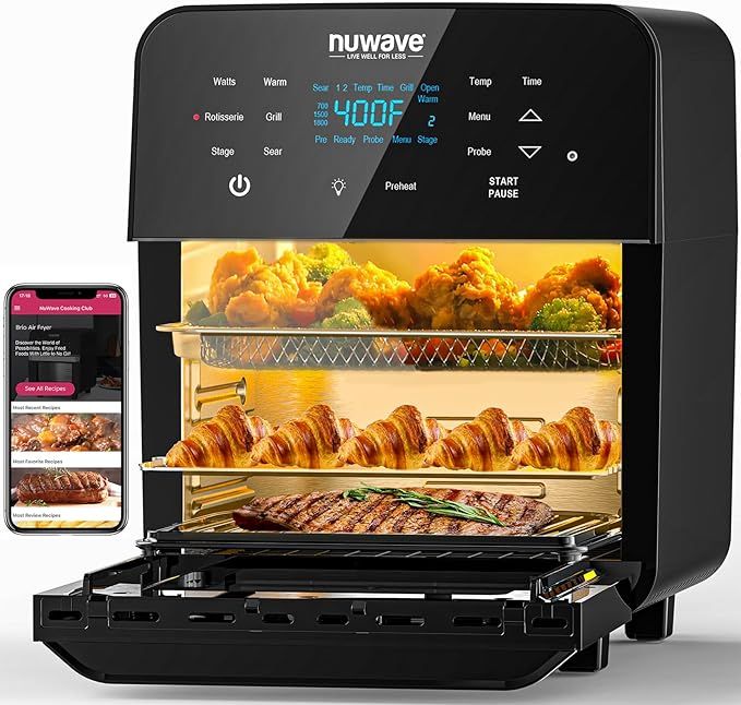 Nuwave Brio 15.5Qt Air Fryer Rotisserie Oven, X-Large Family Size, Powerful 1800W, 4 Rack Positio... | Amazon (US)