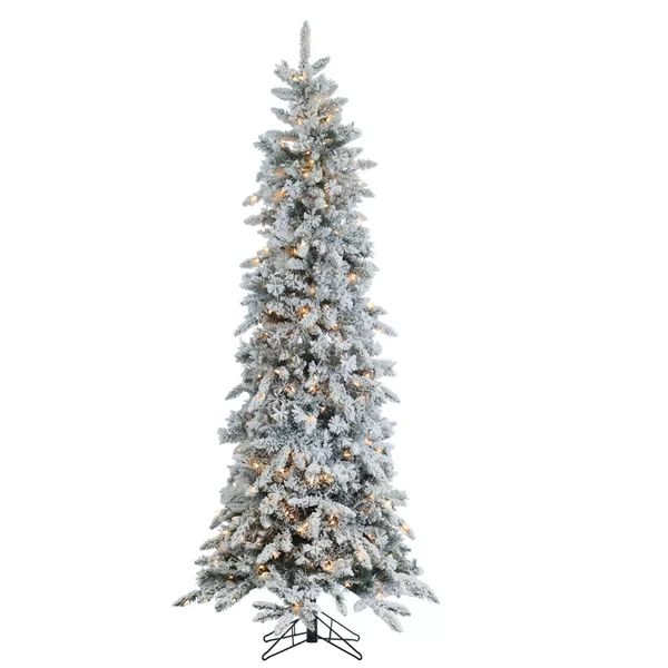 Prelit Narrow Flocked Green/White Pine Artificial Christmas Tree | Wayfair North America