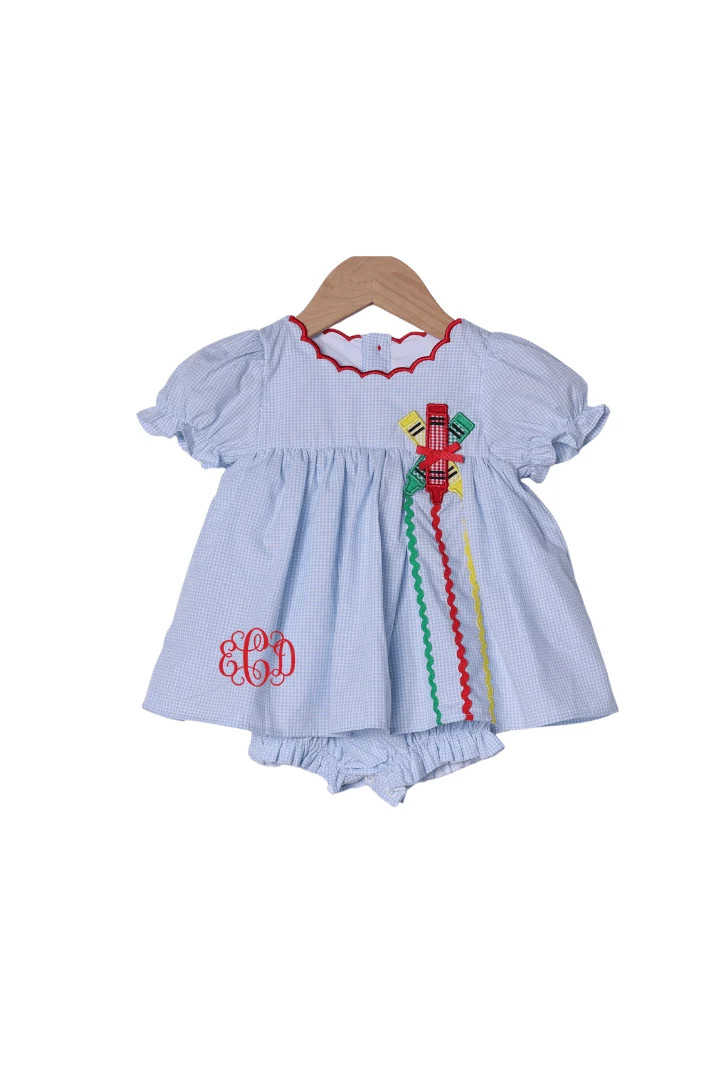Applique Crayon Blue Gingham Skirted Bubble | The Smocked Flamingo
