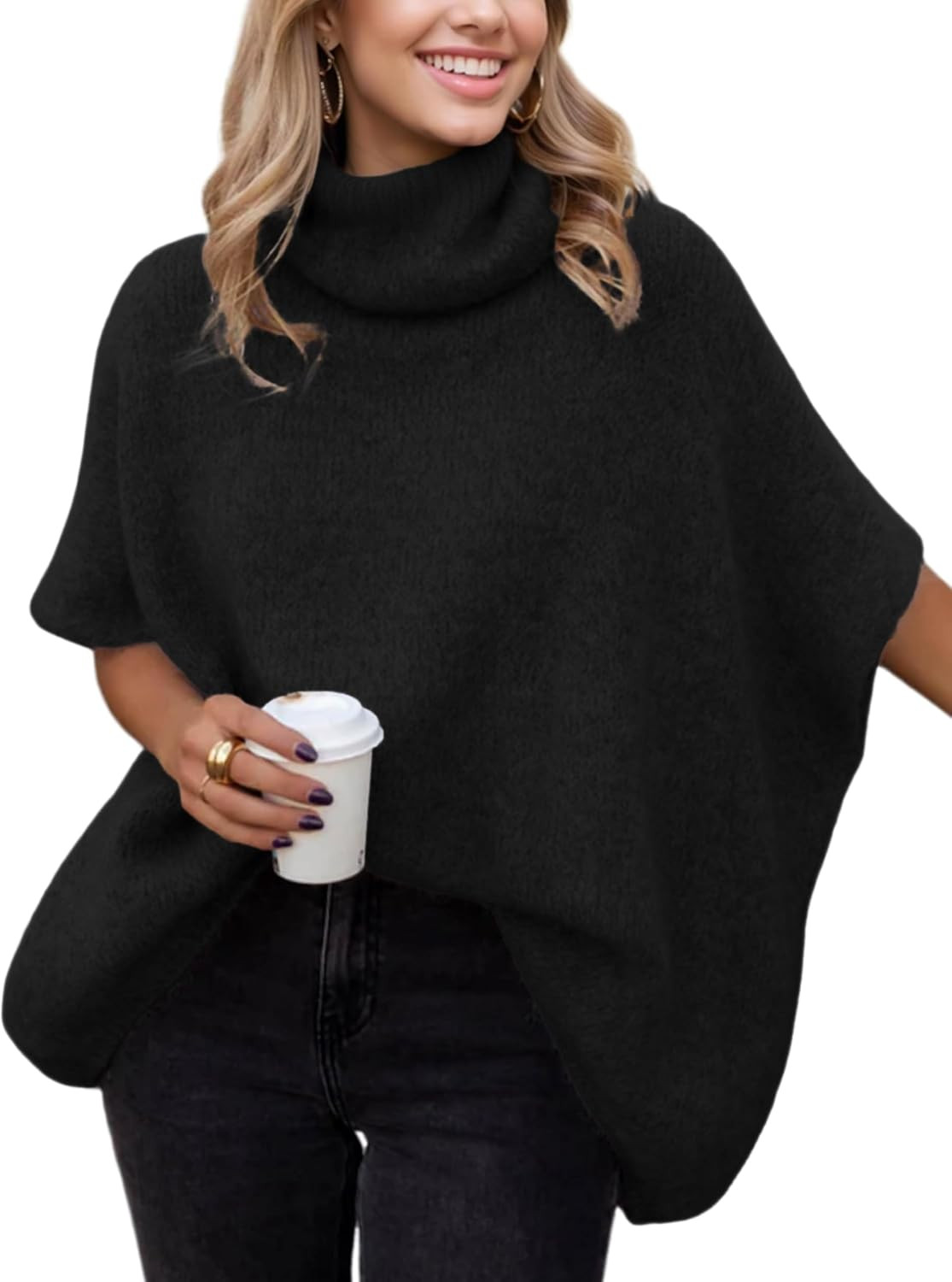 Womens Turtleneck Sweater Oversized Chunky Batwing Sleeve Short Tops | Amazon (US)