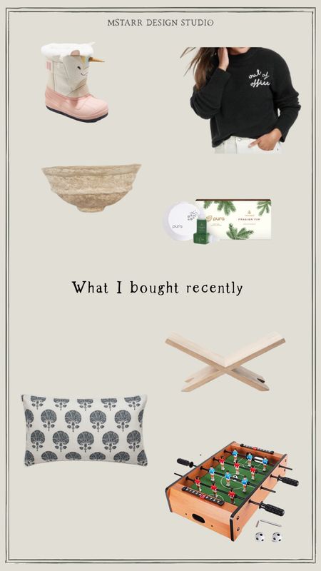 What I bought recently…

Patterned lumbar pillow, pura kit, girls unicorn winter boots, tabletop soccer game, black winter sweater, paper mache bowl, wooden book display. 

Mcgee and co, target, Etsy, thymes, Amazon, oka us

#LTKGiftGuide #LTKunder100 #LTKhome