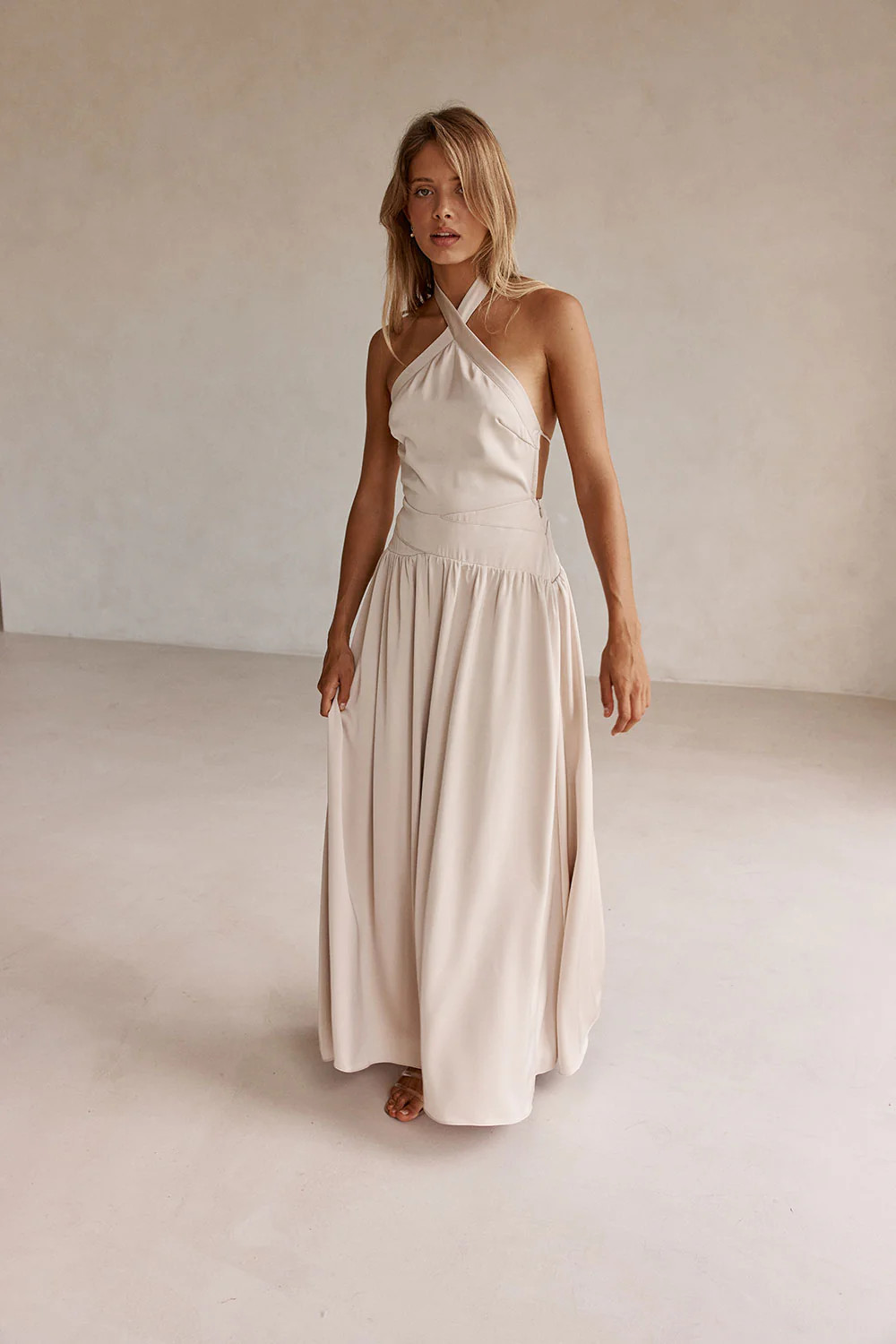 Beige Silky Halter Maxi Rani Dress | Sabo Skirt US