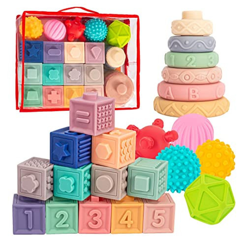 SpringFlower 3 in 1 Montessori Toys for Babies 0-3-6-12 Months, Soft Baby Teething, Stacking Building Blocks for Infants, Sensory Developmental Education Toys for Toddler Baby 12-18 Months,23 PCS | Amazon (US)