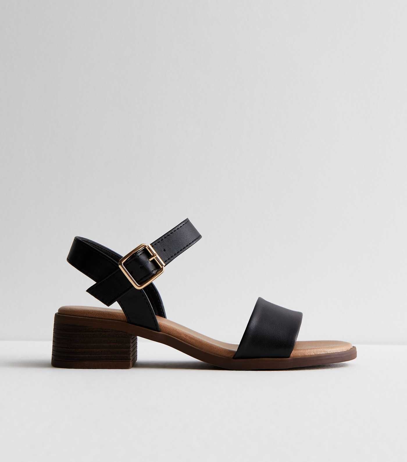 Black Leather-Look Low Block Heel Sandals | New Look | New Look (UK)