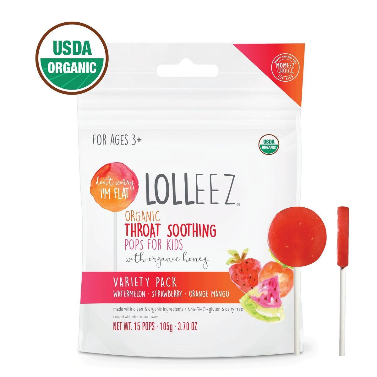 Lolleez Children's Organic Throat Soothing Pops - Watermelon, Strawberry, & Orange Mango - 15ct | Target