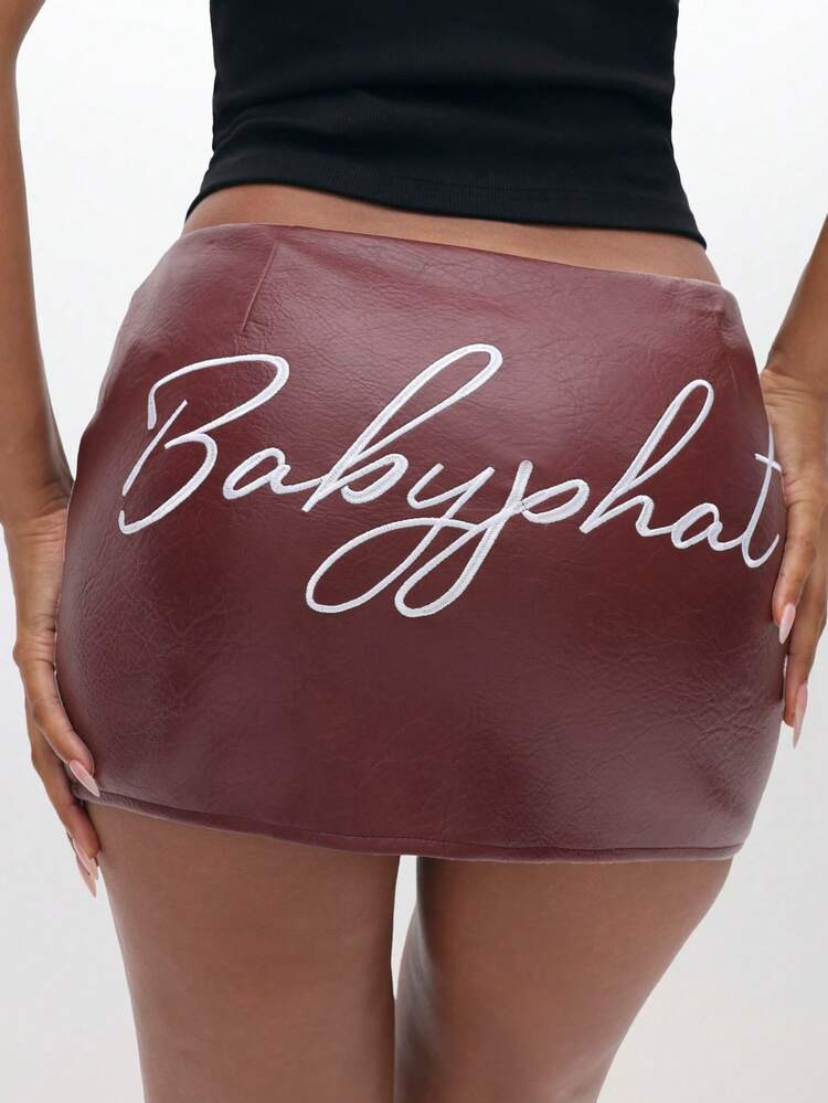 BABYPHAT Mini Faux Leather Skirt With Embroidered Script Detail For Fall Winter | SHEIN