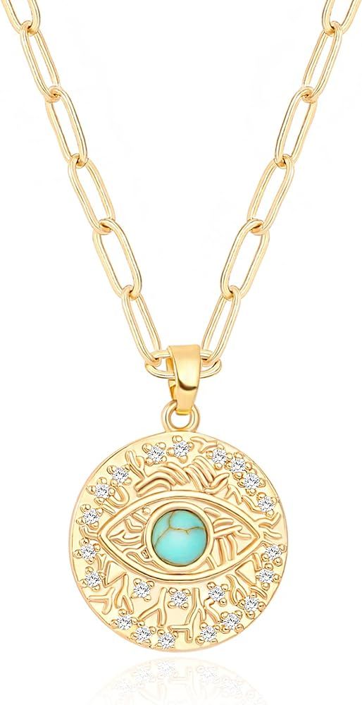 Aobei Pearl 18K Gold Moon Star Shell Pearl Turquoise Evil Eye Necklace Paperclip Chian Choker Lay... | Amazon (US)