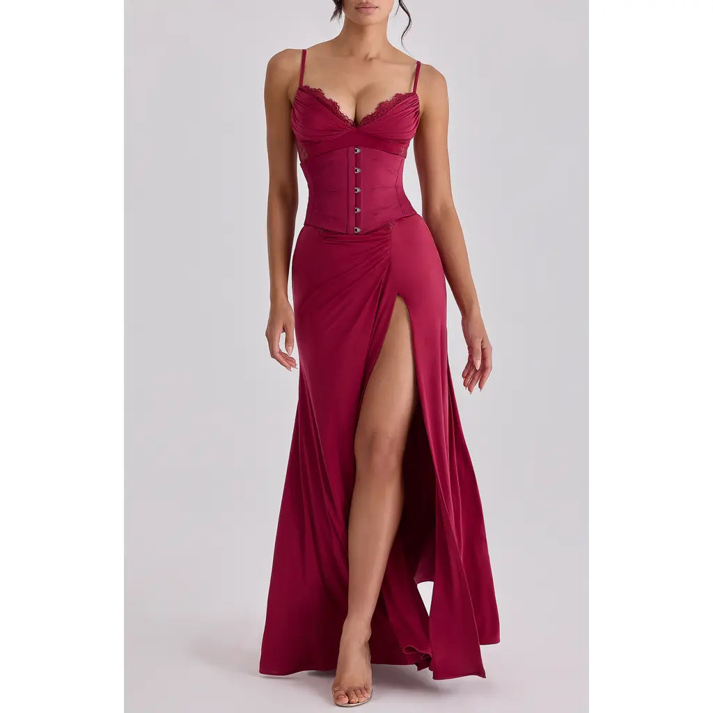 HOUSE OF CB Sabrine Lace Trim Corset Gown in Wine at Nordstrom, Size X-Small | Nordstrom