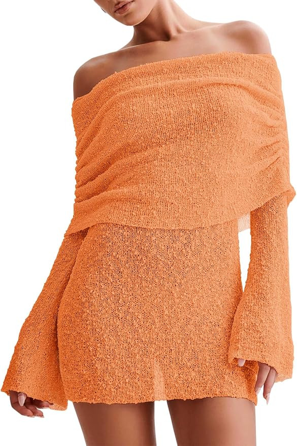 Imily Bela Womens Beach Swimsuit Cover Ups Summer Off The Shoulder Long Bell Sleeve Sheer Mini Dr... | Amazon (US)