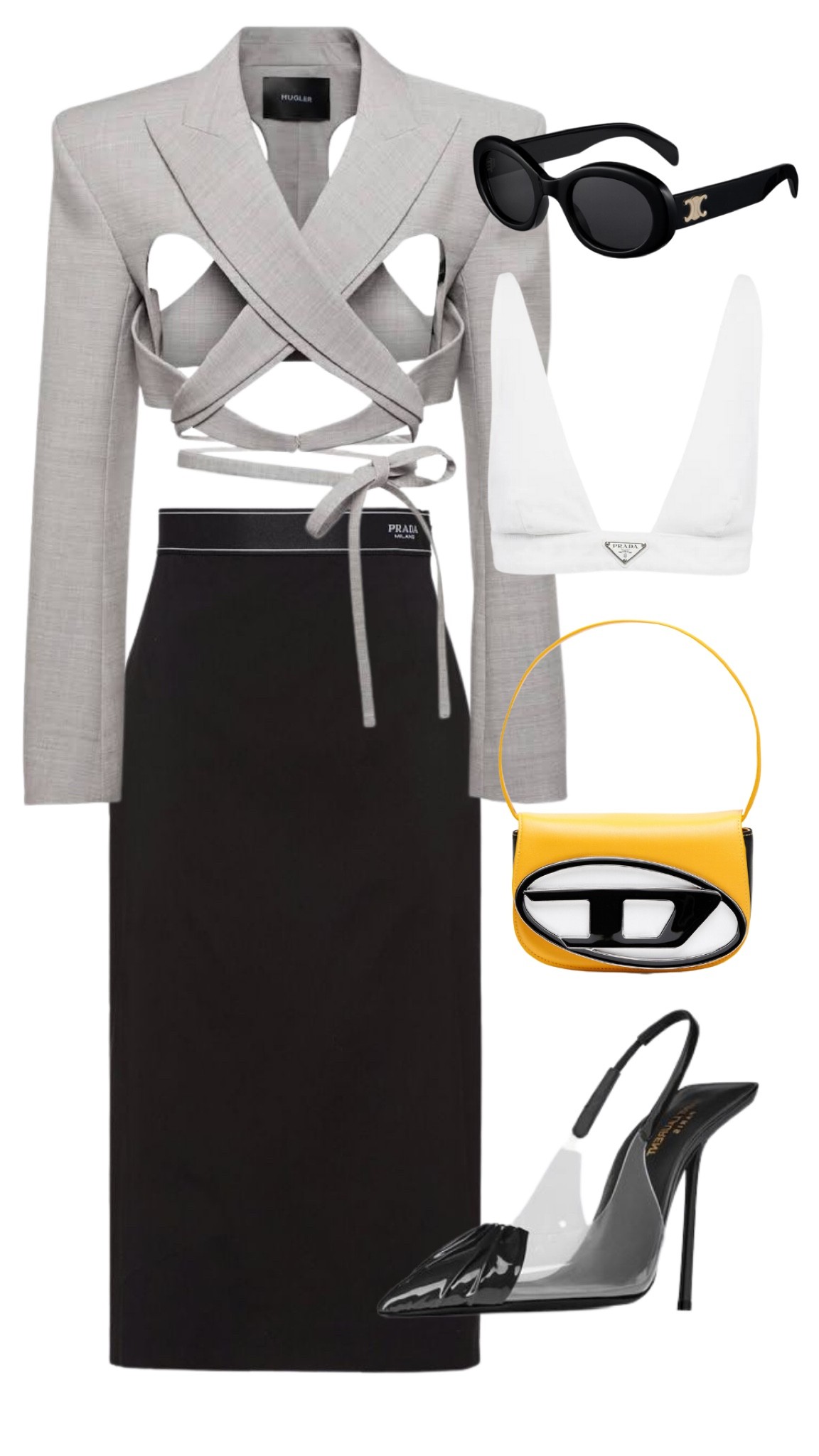 mugler cropped blazer 
prada skirt and bralette 
diesel bag 
saint laurent heels 
celine sunglasses 

#LTKitbag #LTKstyletip #LTKfit