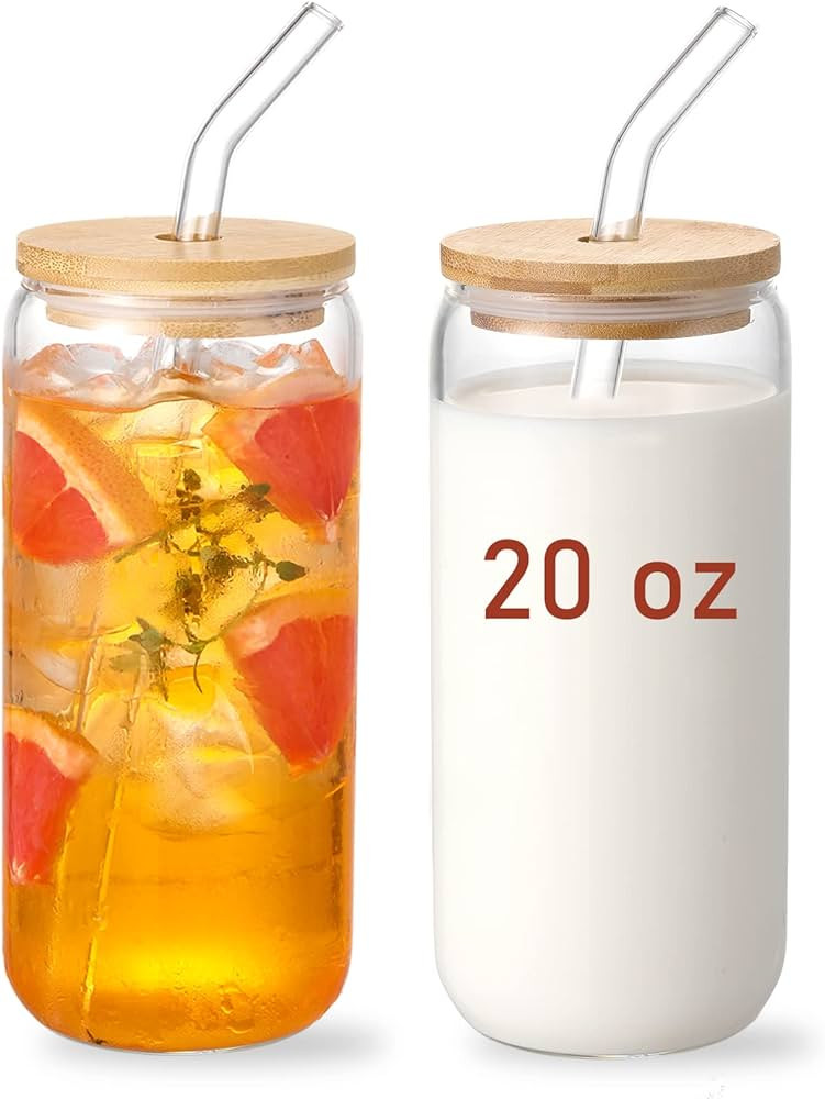 VITEVER 20 OZ Glass Cups with Bamboo Lids and Glass Straw - Beer Can Shaped Drinking Glasses Set,... | Amazon (US)
