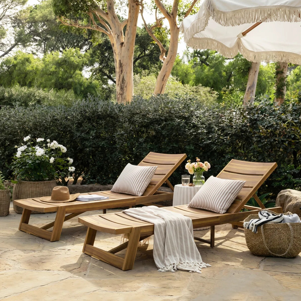 Vinita 78.75" Long Acacia Reclining Chaise Lounge Set | Wayfair North America