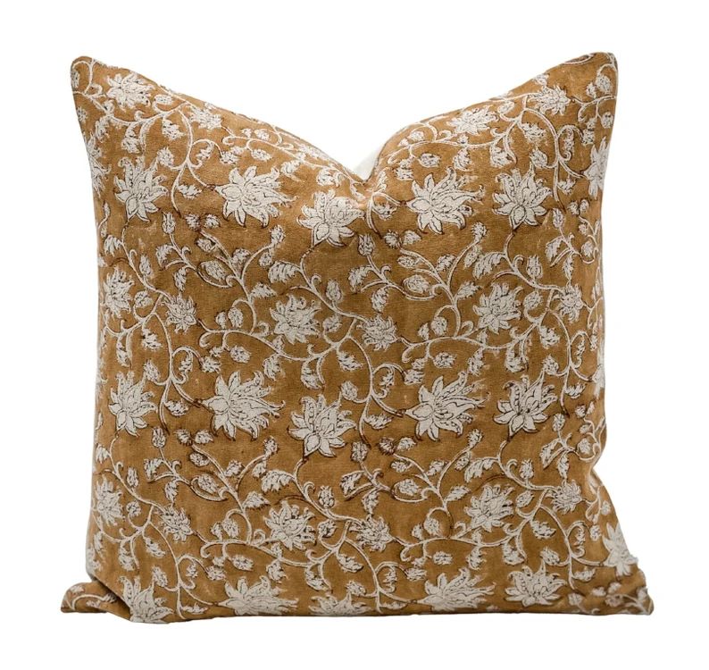 Designer Floral in Tan Brown on Natural Linen Pillow Cover, Floral Pillow cover, Boho Pillow, Dec... | Etsy (US)