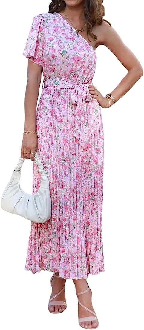 Women's 2023 Boho Summer One Shoulder Maxi Dresses Short Sleeve Floral Solid Belted Pleated Weddi... | Amazon (US)