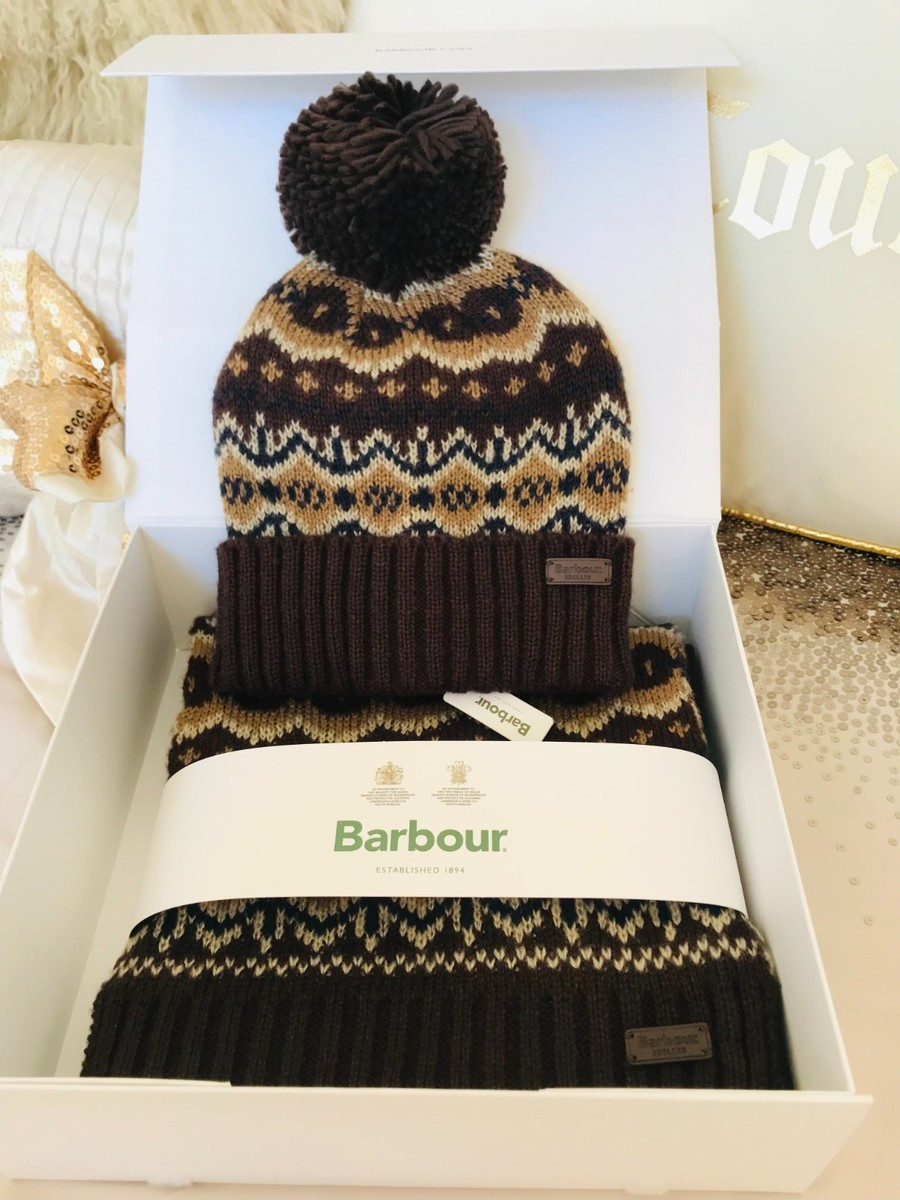 NEW BARBOUR FAIRISLE BROWN BEANIE HAT & SCARF SET IN GIFT BOX | eBay UK