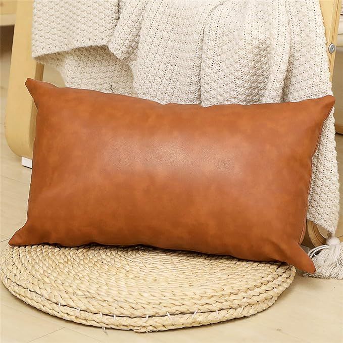 SEEKSEE Faux Leather Lumbar Pillow Cover 12x20 inch, Modern Country Style Decorative Lumbar Pillo... | Amazon (US)