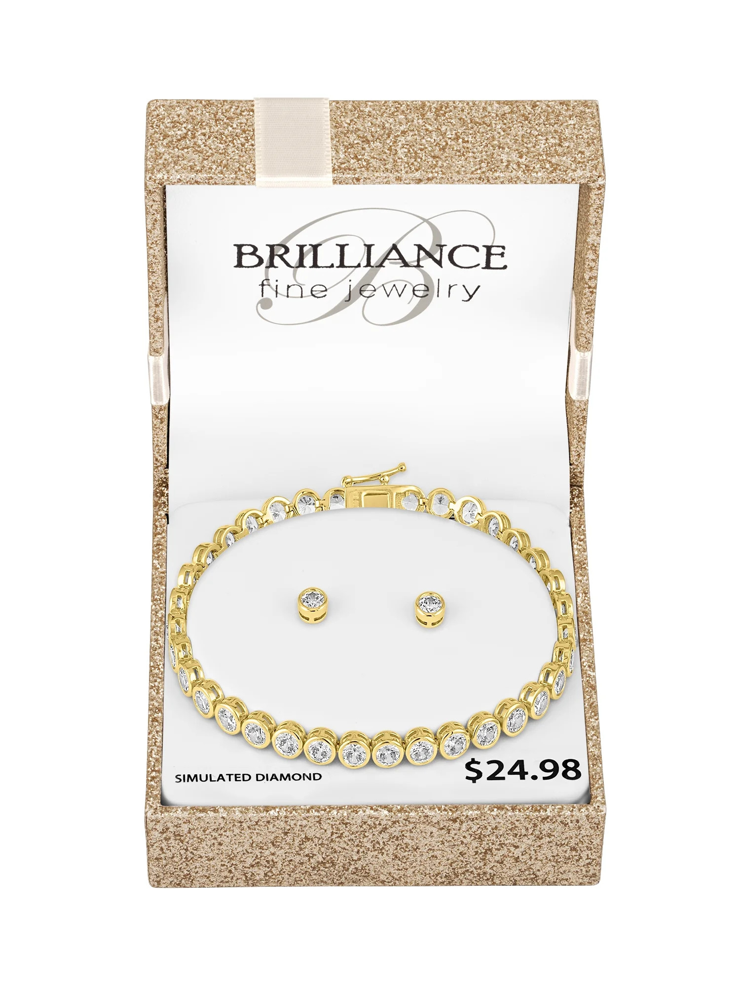 14KT Gold Flash Plated Simulated Dia Bezel Bracelet and Earring Set | Walmart (US)