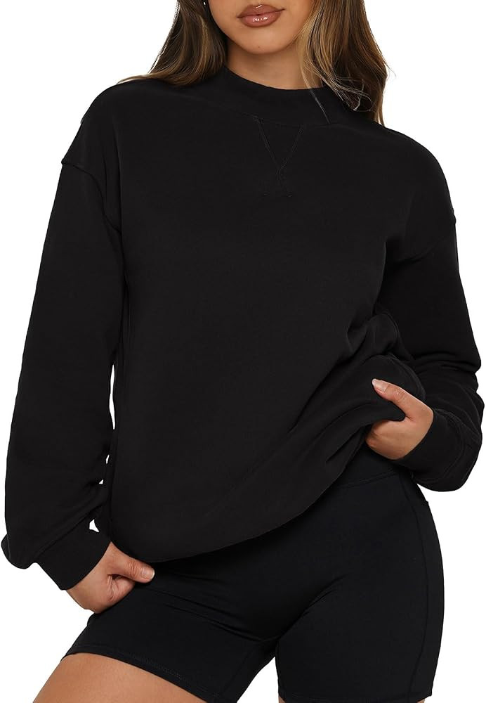 SUUKSESS Women Cotton Mock Neck Sweatshirts Oversized Long Sleeve Pullover | Amazon (US)