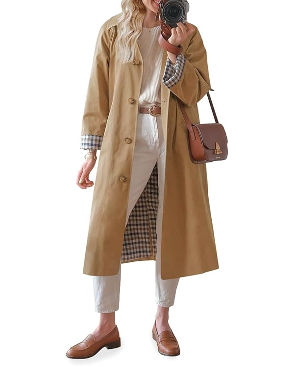 Tankaneo Womens Long Trench Coat Single Breasted Oversized Windproof Overcoat Fashion Outerwear | Amazon (US)