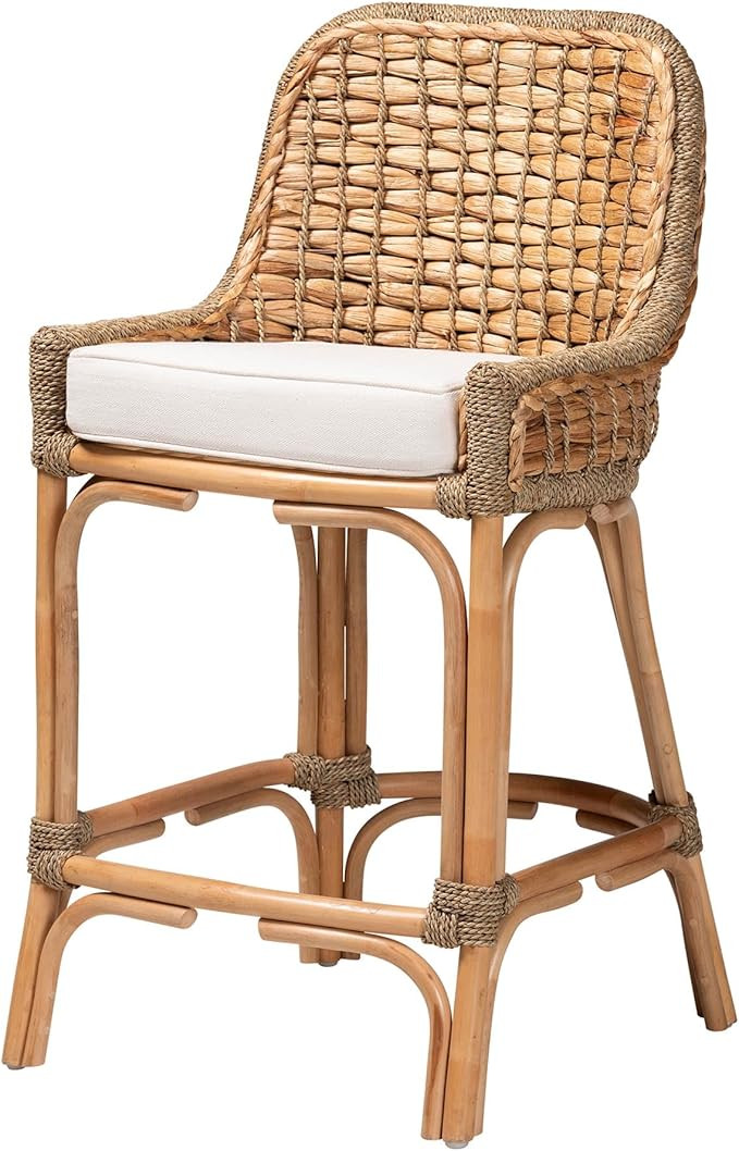 Baxton Studio Kyle Modern Bohemian Natural Brown Woven Rattan Counter Stool with Cushion | Amazon (US)