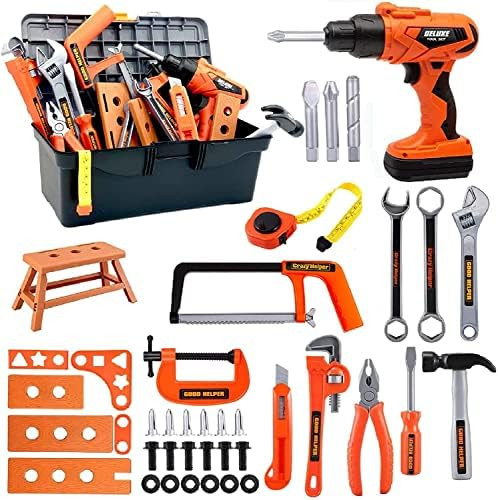 HYRENEE Kids Tool Set – 45 Piece Toddler Tool Set with Electronic Toy Drill& Tool Box,Hammer Saw and | Amazon (US)