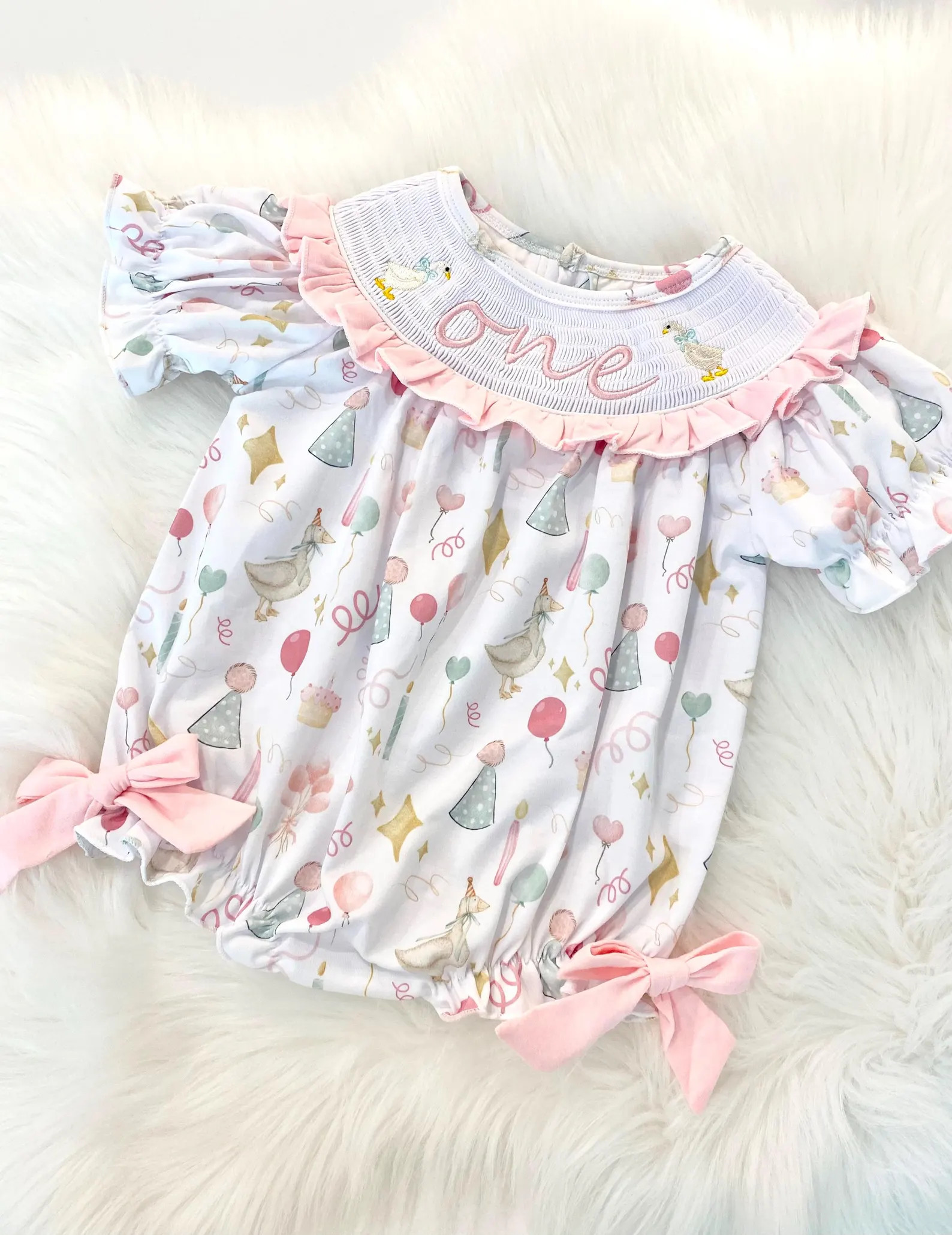 ONE Silly Goose First Birthday Girl Outfit Bubble Romper, Smocked First Birthday Girl Ruffle Romp... | Etsy (US)