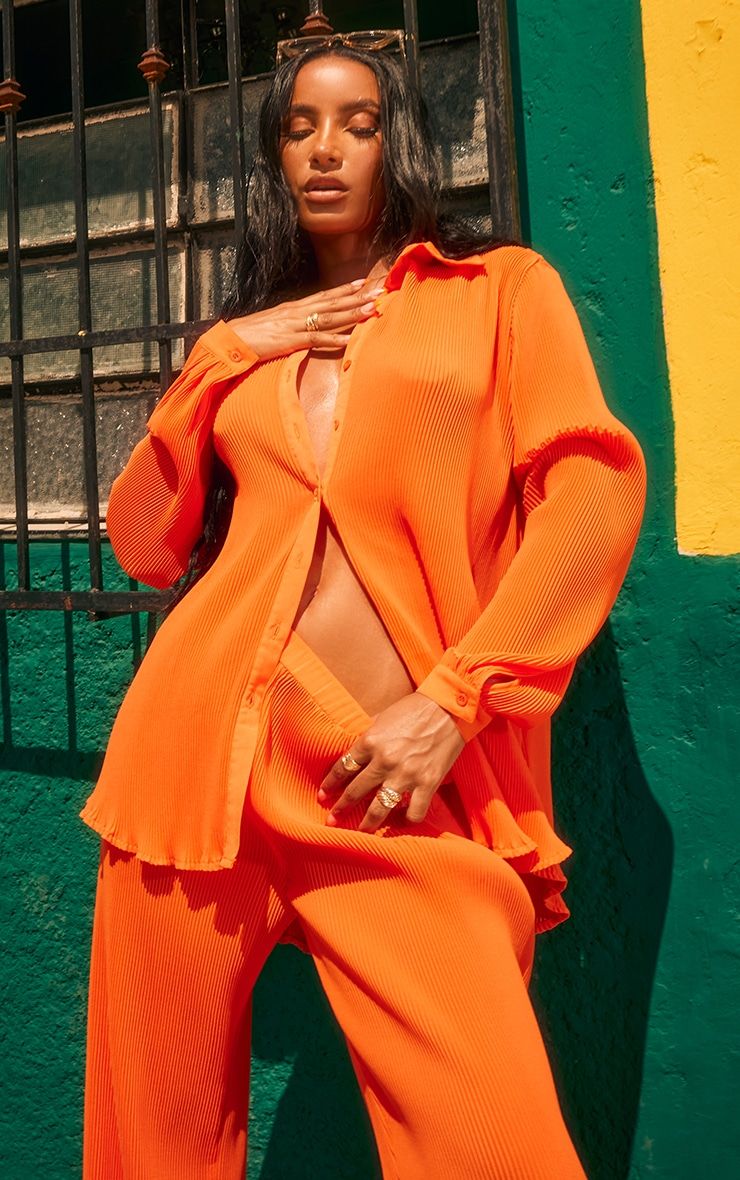 Bright Orange Plisse Button Front Oversized Shirt | PrettyLittleThing US