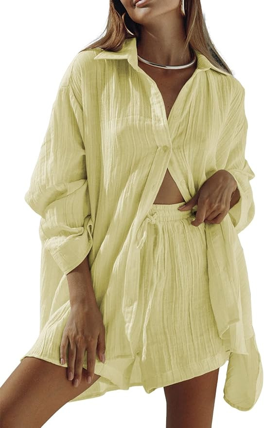 Fixmatti Women 2 Piece Outfits Long Sleeve Button Down Blouse and Shorts Sweatsuit Sets | Amazon (US)