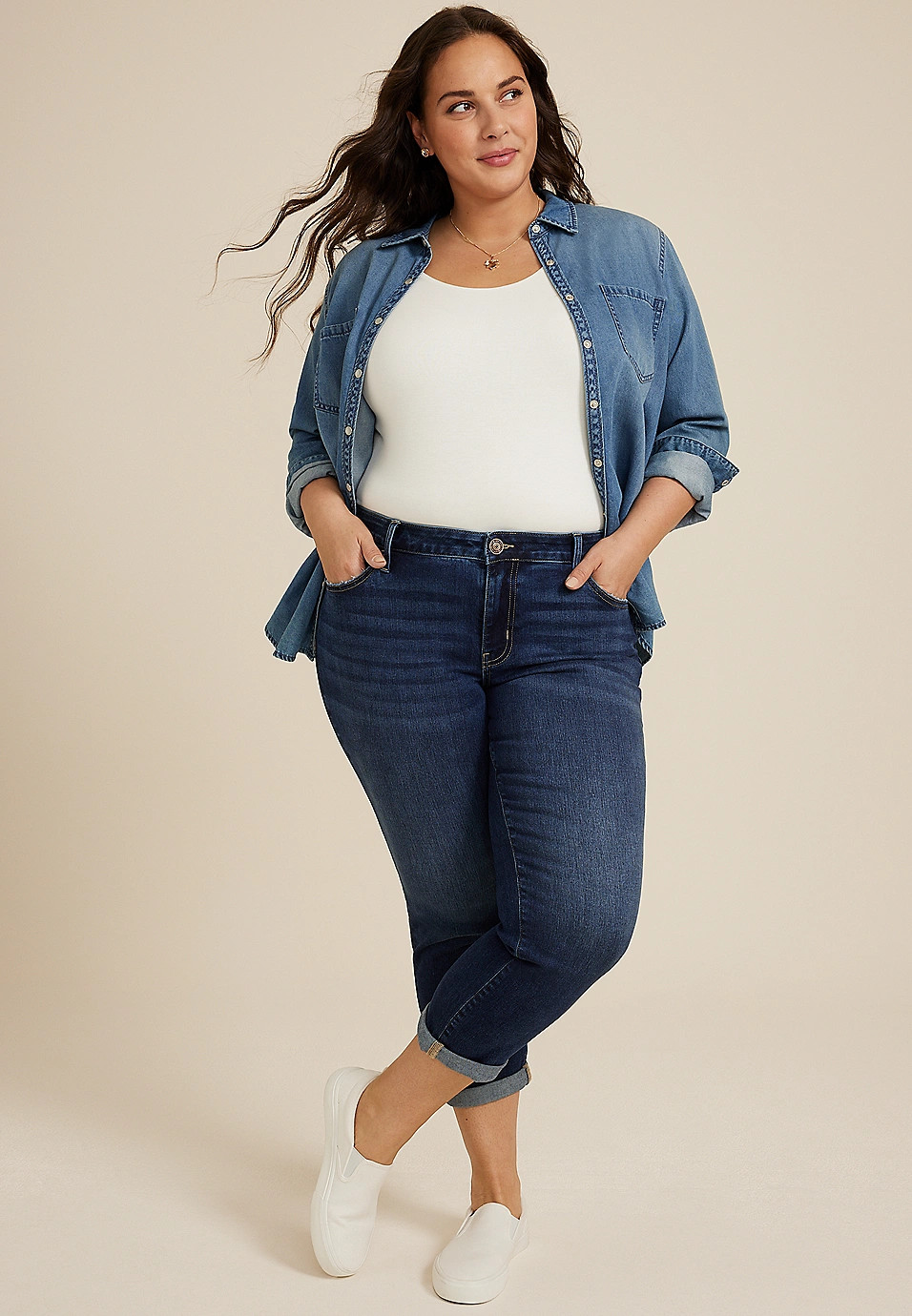 Plus Size m jeans by maurices™ Classic Dark Mid Rise Rolled Hem Cropped Jean | Maurices