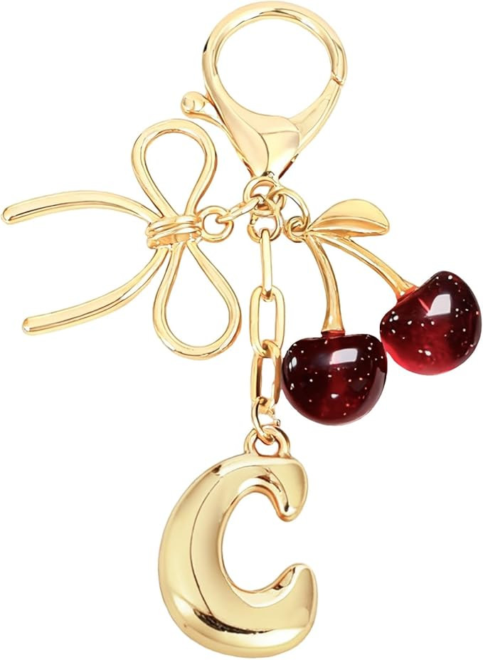 Snycler Bubble Initial Keychain with Bow & Cherry - Gold Letter Bag Charms for Women, Cute Purse ... | Amazon (US)