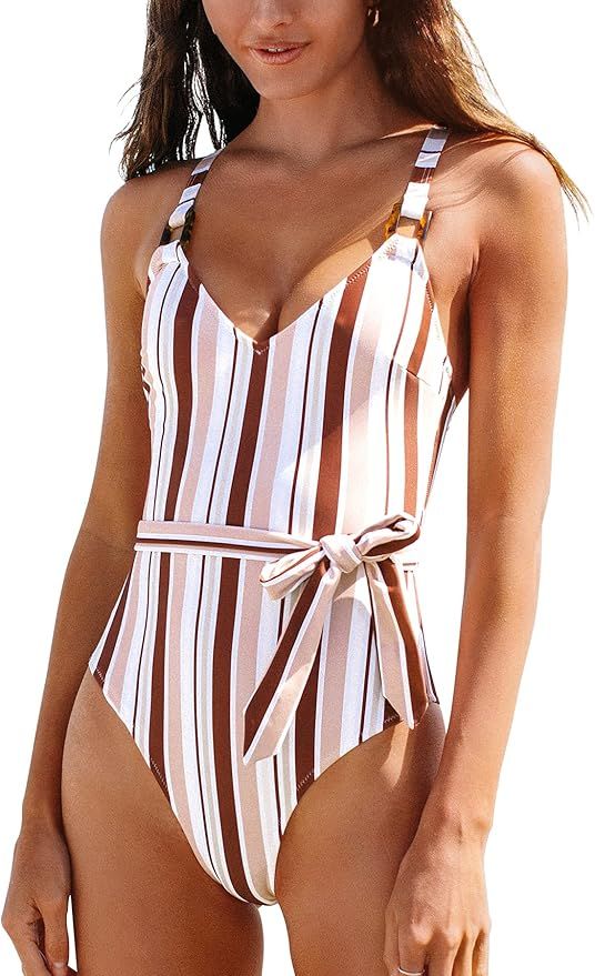 CUPSHE Women's Striped Cross Back Belted One Piece | Amazon (US)