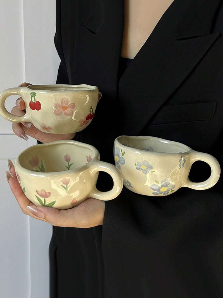 Hand-Painted Ditsy Floral Ceramic Coffee Mug, Couple Flower Pattern High-Quality Breakfast Cup, Cherry Blossom & Tulip Ceramic Teacup Back To School | SHEIN