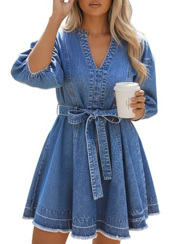 BISUAL Womens Denim Dress Casual Jean Dress Loose Fit Slim Denim Dress Belt Denims Dresses for Women 2026 with Pocket Blue US M | Amazon (US)