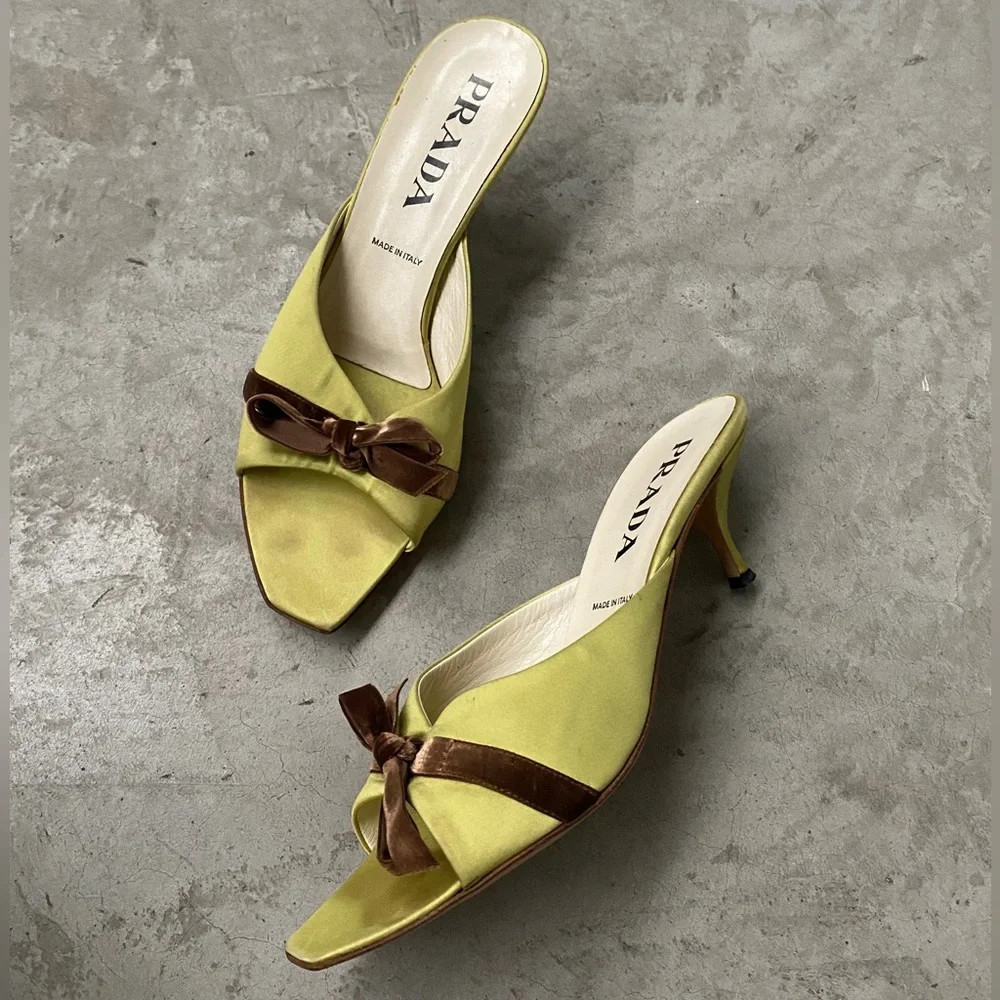 Vintage Prada Pistachio Green Silk Satin Peep Toe Mule Heels Brown Bow | Poshmark