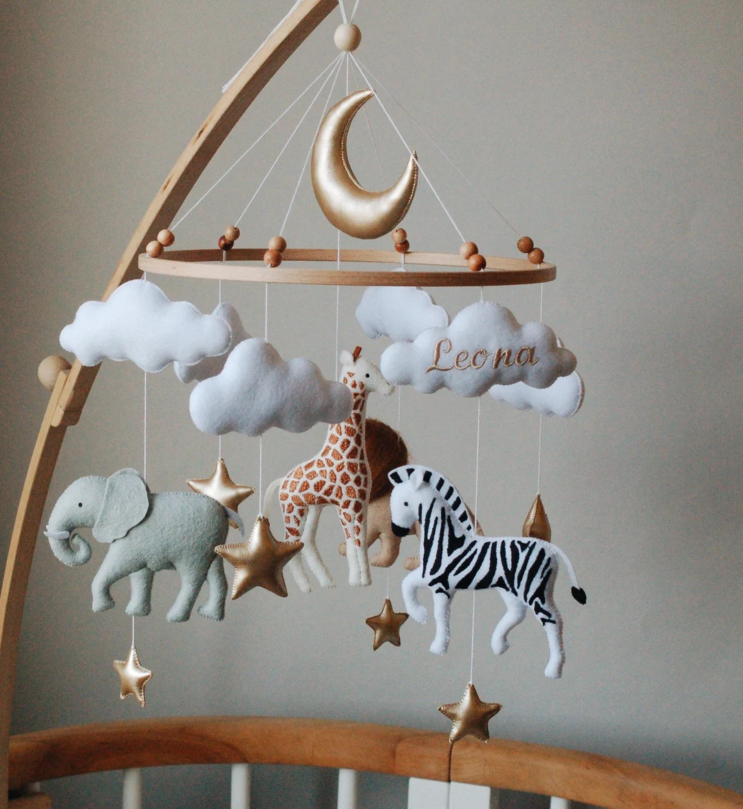 Safari Animals Mobile with Embroidered spots | Baby neutral Africa nursery felt giraffe, lion, ze... | Etsy (US)