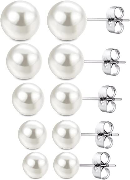 Jewelrieshop Faux Pearl Stud Earrings 5 Pairs, Stainless Steel Hypoallergenic Starter Set for Women  | Amazon (US)
