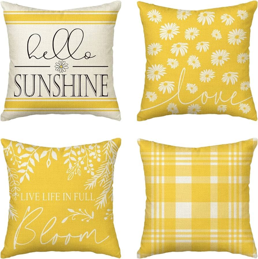 AVOIN colorlife Hello Sunshine Throw Pillow Covers 20 x 20 Inch Set of 4, Live Life in Full Bloom... | Amazon (US)