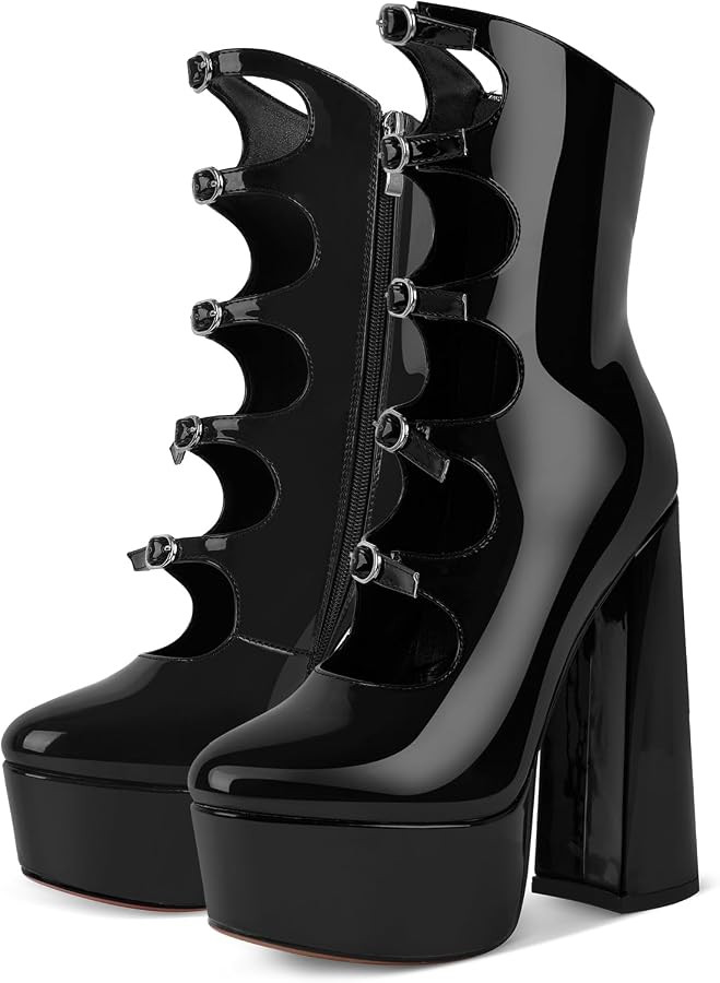 Women's Platform High Heels Side Zipper Adjustable Buckles Block Heel Pumps Shoes | Amazon (US)