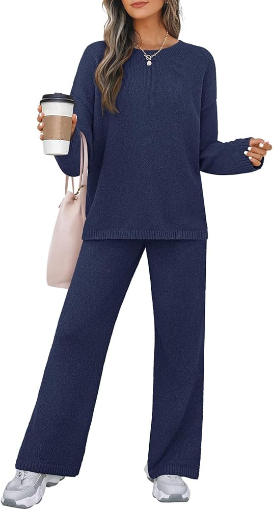 MEROKEETY Women's 2 Piece Sweater Set Long Sleeve Pullover Wide Leg Pants Casual Knit Lounge Outf... | Amazon (US)