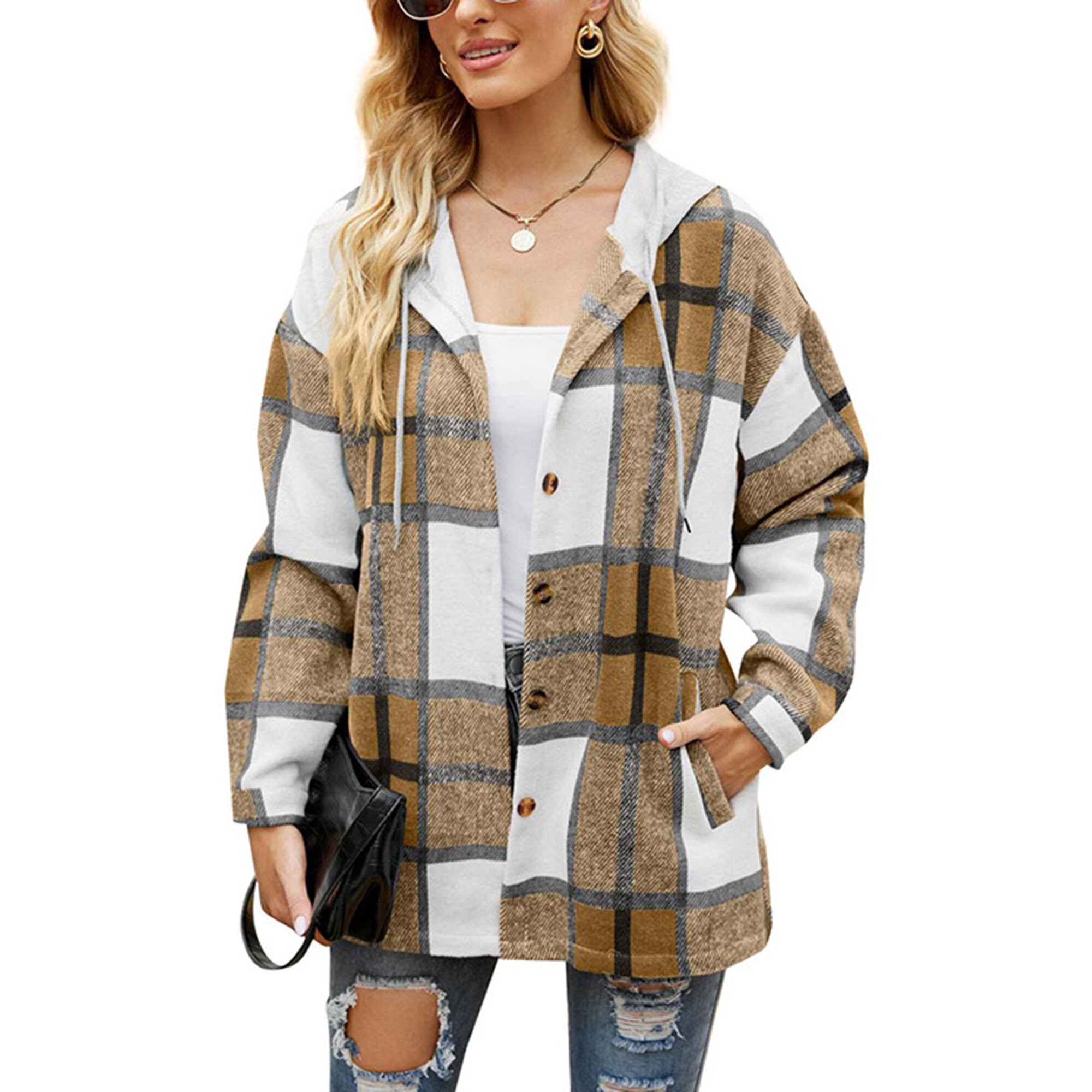 MOSHU Flannel Shirts for Women Button Down Plaid Shirt Hooded Shacket Jacket with Pocket | Walmart (US)