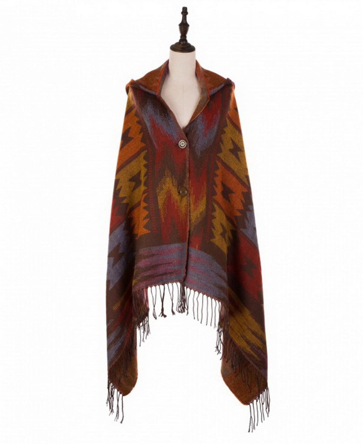 Glitzhome Muted Earth-Tone Poncho with 2 Button Closure, Tassels | Macys (US)