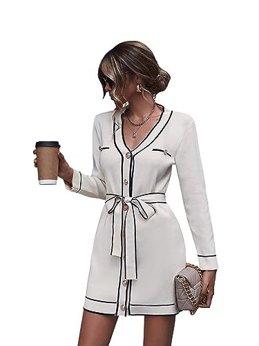 SweatyRocks Women's Long Sleeve V Neck Button Front Dress Elegant Belted Mini Sweater Dresses Beige S | Amazon (US)