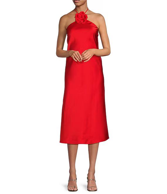 Lucy Paris Satin Halter Rosette Neck Sleeveless Midi Dress | Dillard's | Dillard's