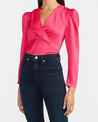 Satin Puff Sleeve V-Neck Top | Express