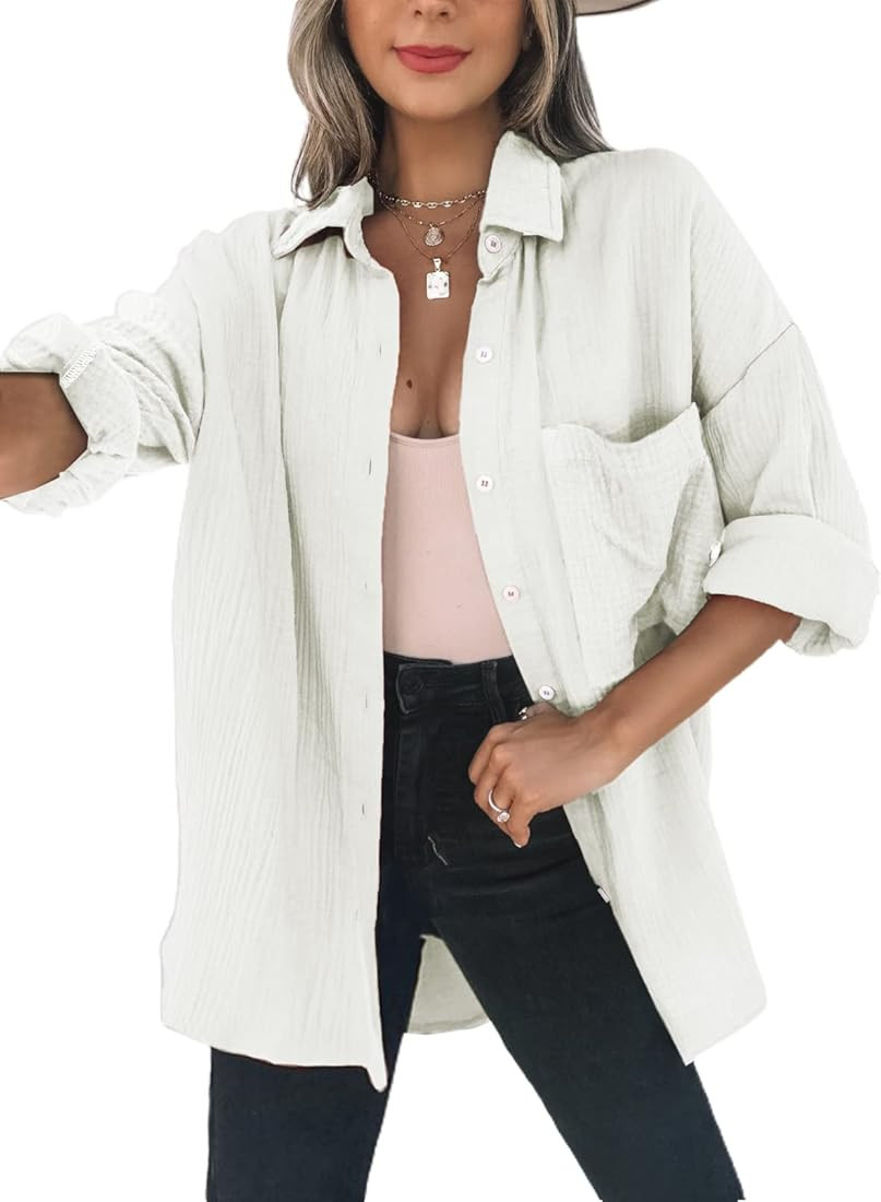 Dokotoo Womens Color Block Button Down Shirts Long Sleeve Oversized Boyfriend Blouses Tops | Amazon (US)