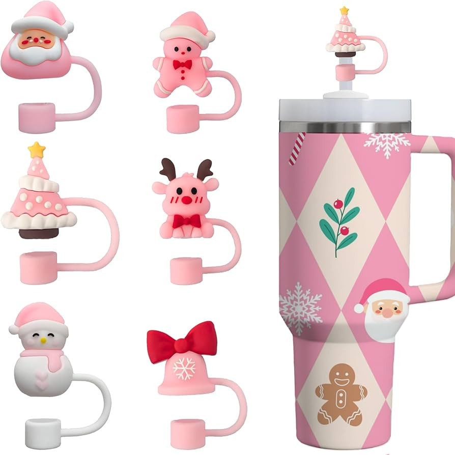 6PCs Pink Christmas Straw Toppers for Stanley Cup 40oz/30oz Tumbler, 3D Silicone Straw Cover Caps... | Amazon (US)