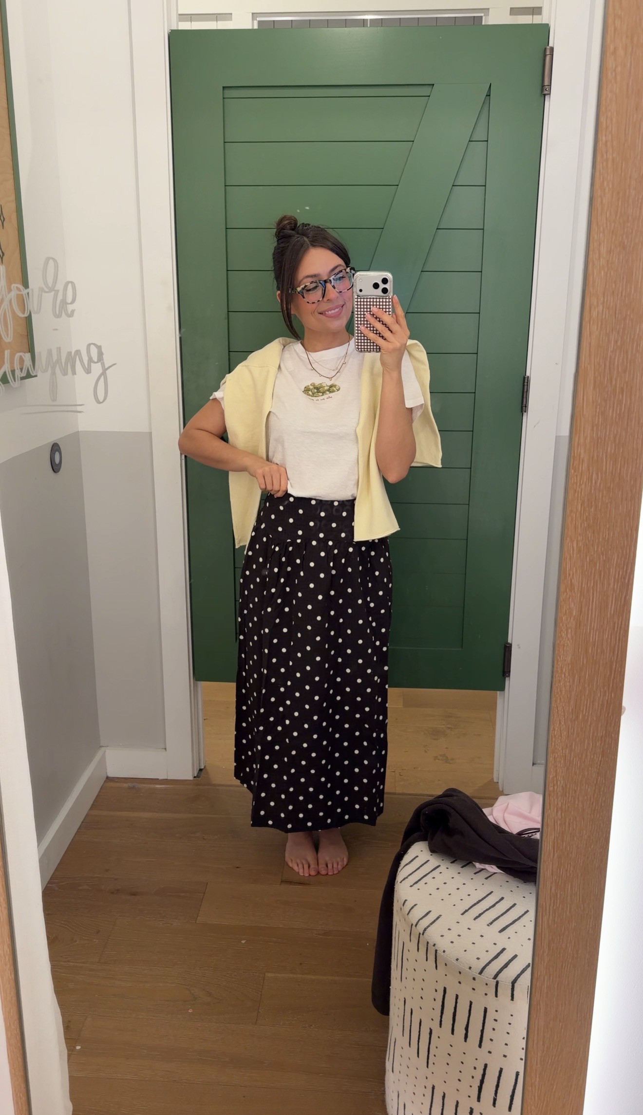 Stopped into Aerie to try some new arrivals and ended up putting this outfit together 🖤 easy baby tee with this fun polka dot skirt and a raw hem yellow sweater. It felt comfortable, easy, and very “throw on and go.” For sizing reference: XS in the skirt, XS in the tee, and small in the sweater. One of those outfits that just works without overthinking it!! 

 #LTKdayinmylife #LTKgrwm #LTKFindsUnder100
