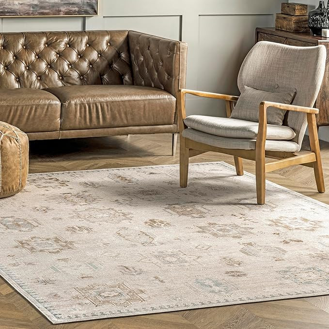 nuLOOM Krystin Distressed Machine Washable Ultra Thin Area Rug, 9x12, Beige | Amazon (US)