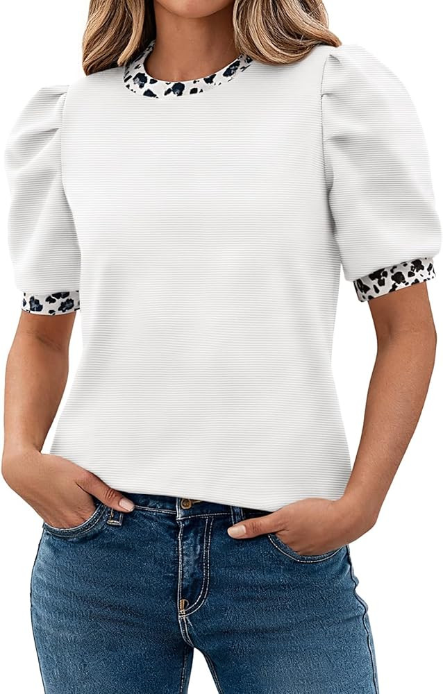 Tankaneo Womens Puff Short Sleeve Tops 2026 Summer Dressy Casual Crew Neck Work Blouses Leopard L... | Amazon (US)