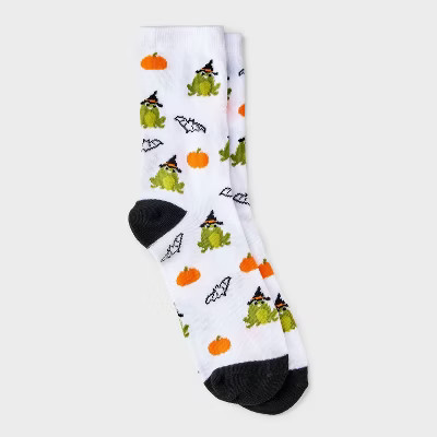 Women's Frog Witch Halloween Crew Socks - Hyde and EEK! Boutique™ White/Green/Black 4 - 10 | Target